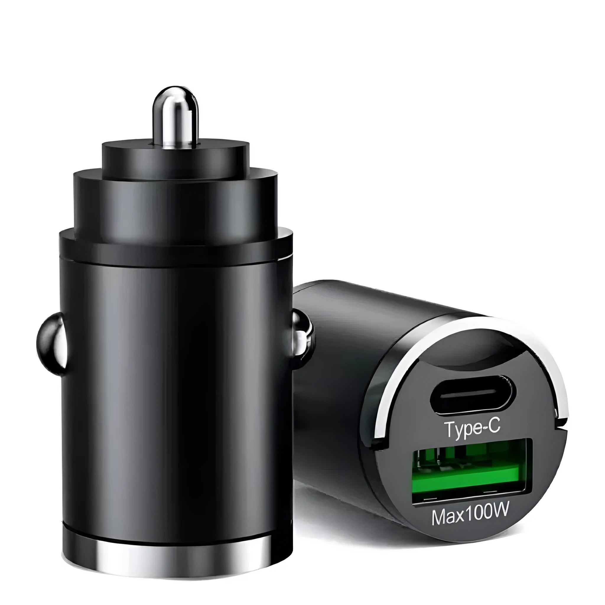 Black metal 100W car charger with a pull tab, shown plugged into a vehicle 12V socket.