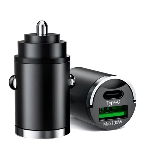 Black metal 100W car charger with a pull tab, shown plugged into a vehicle 12V socket.