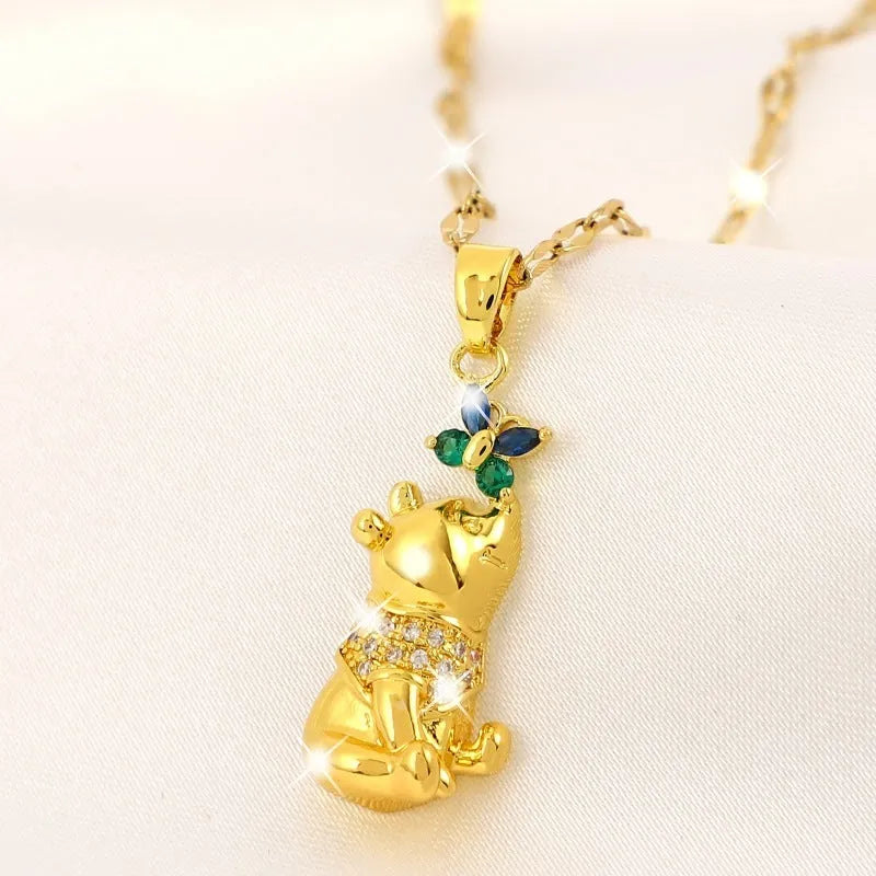 Gold electroplated copper necklace with micro inlaid zircon bear and butterfly, heart pendant, lip chain 41-50cm