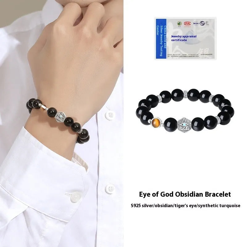 Men's retro sterling silver bracelet with God's Eye obsidian stone in geometric 8mm setting