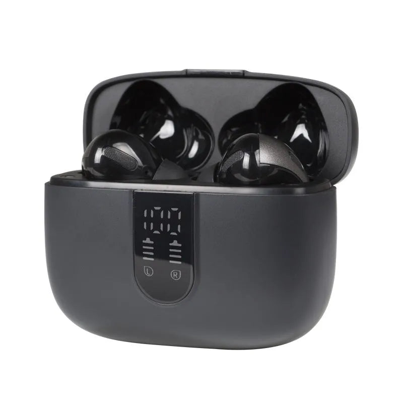 Jerry X08 wireless in-ear headphones with digital display and charging case in black, grey, or white.