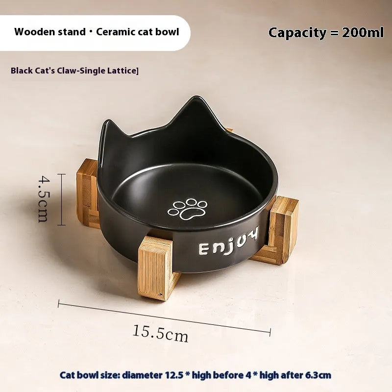 Porcelain cat bowl with wooden anti-tumble frame in chosen colour with cat ear design
