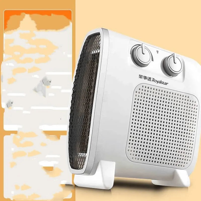 White and black gold electric fan heater with mechanical control dials on the front.