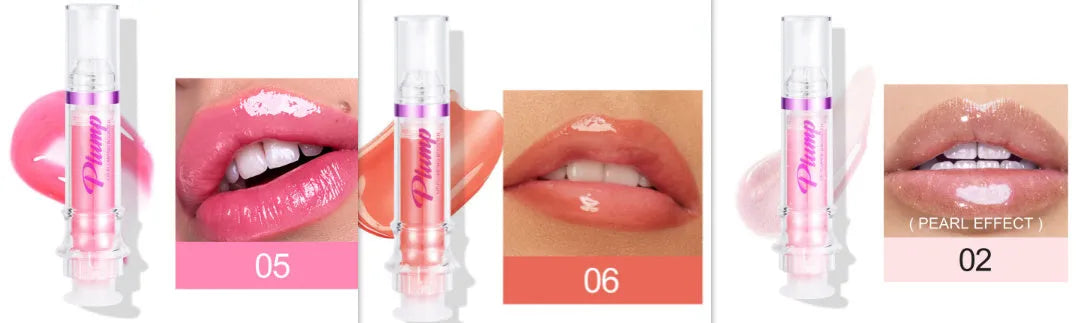 Tube of lip gloss showing shiny finish, available in six different colour shades.