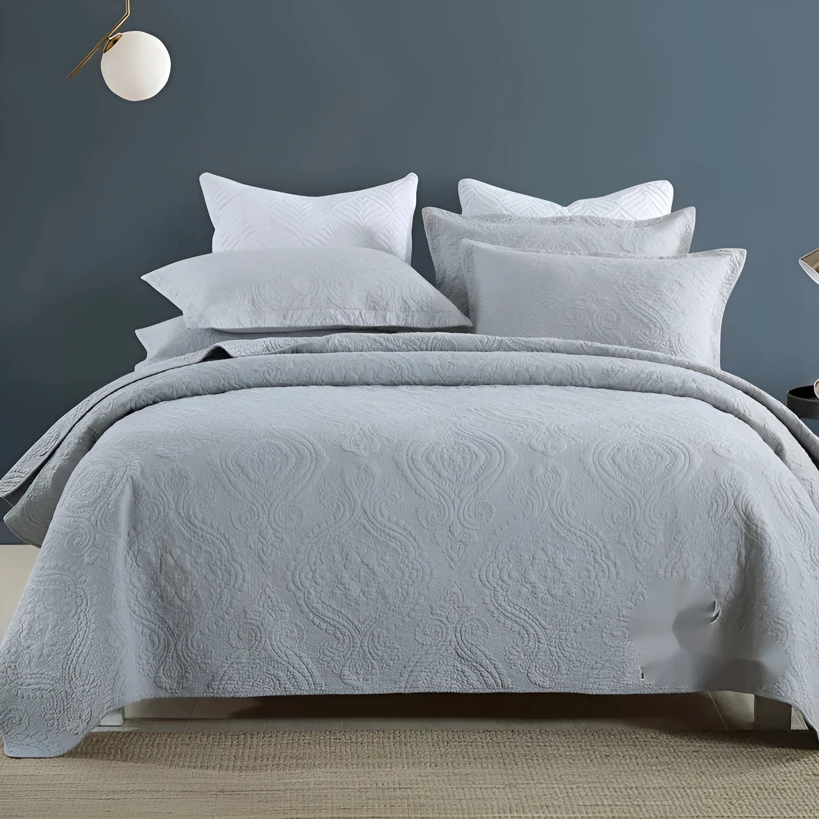 Pure cotton bed cover three-piece set shown in a light colour on a bed, featuring a quilt cover and sheet.