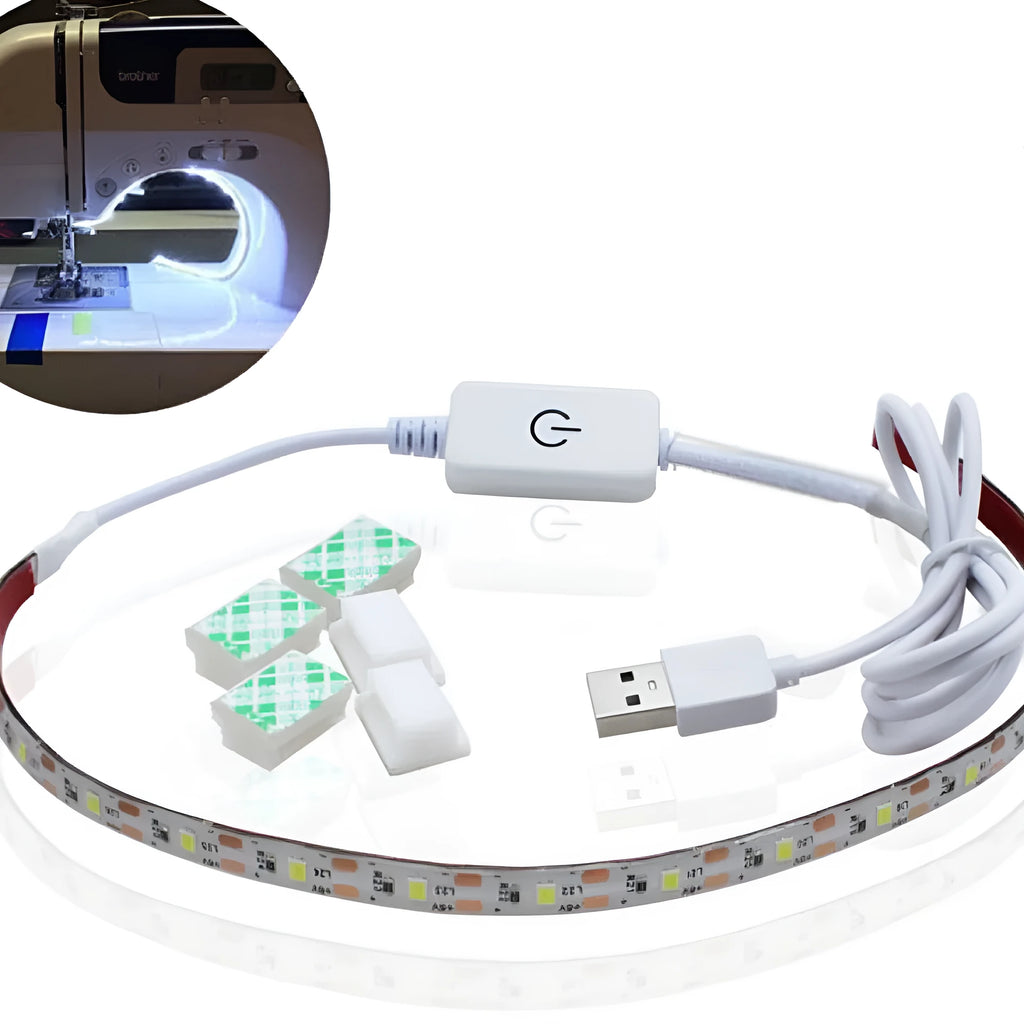 Photon flexible USB LED light strip bent into a curve showing its 60 small white LED beads.