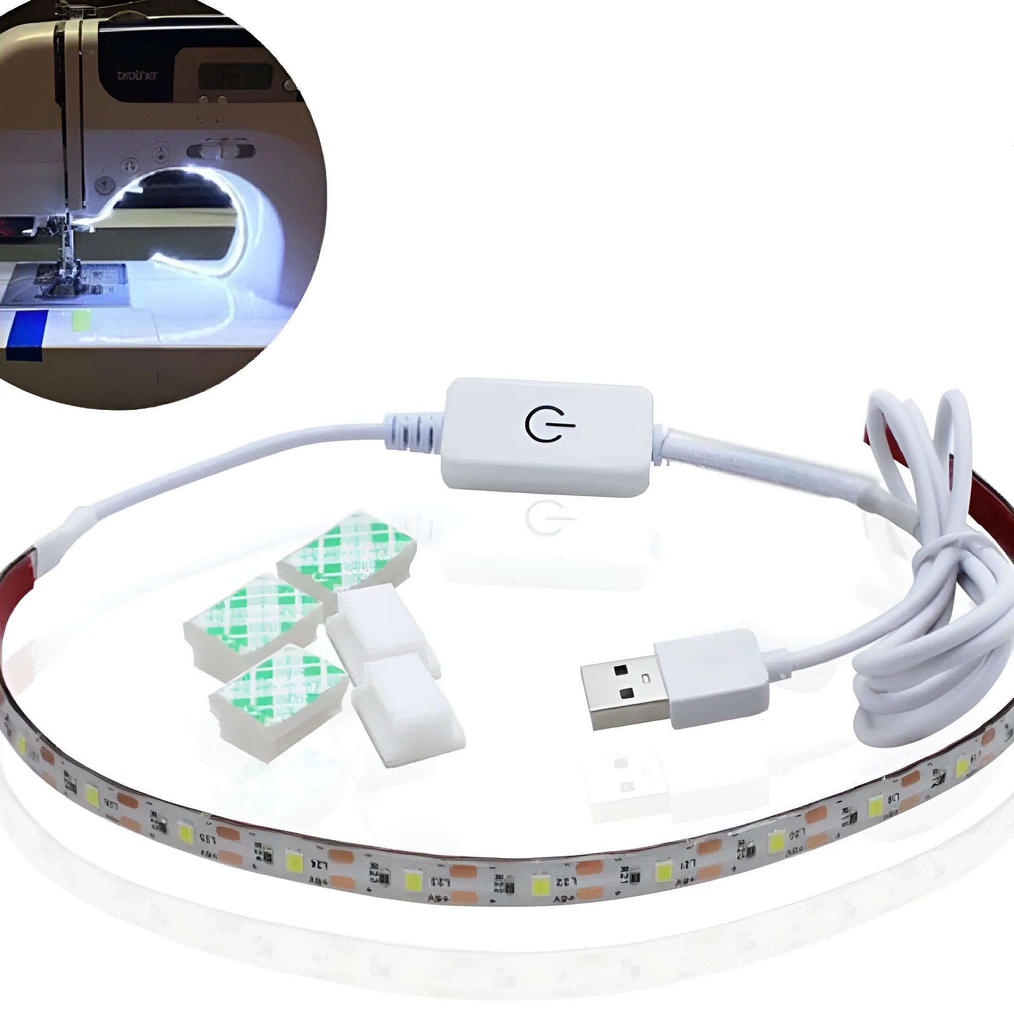Photon flexible USB LED light strip bent into a curve showing its 60 small white LED beads.