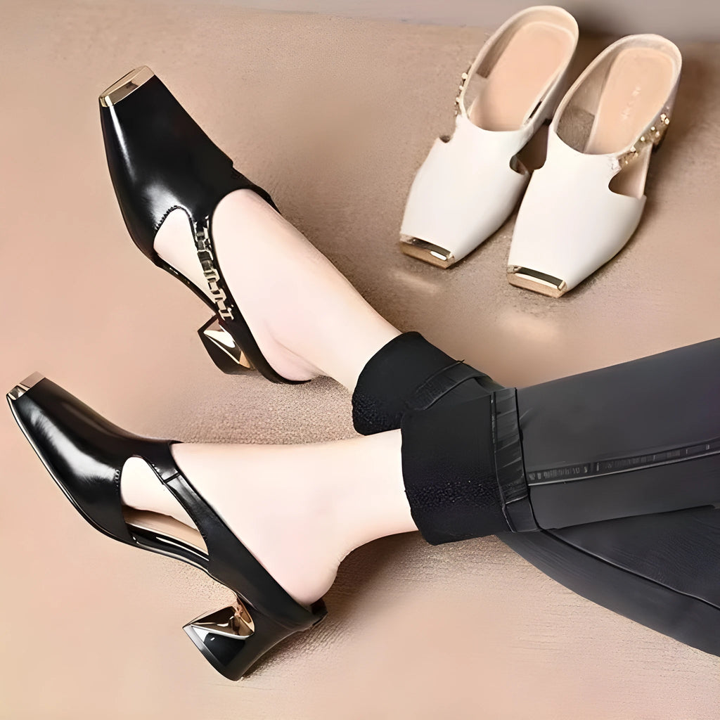Metal Tilta French retro square toe sandals with PU upper and rubber sole in black and white