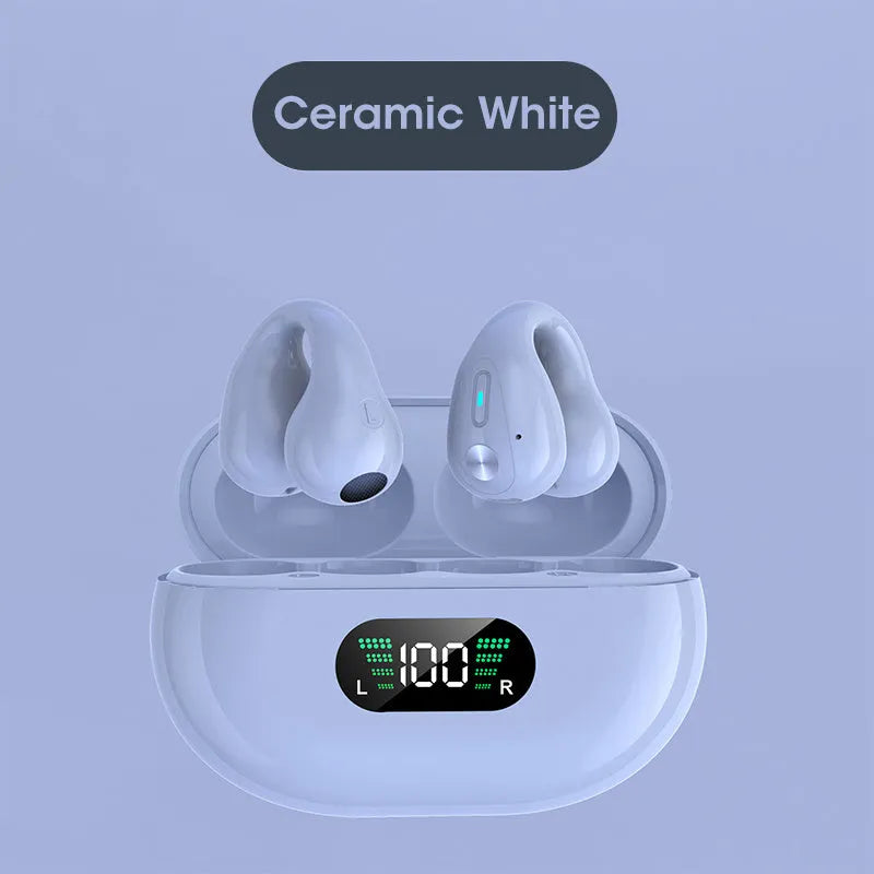 Bone conduction Bluetooth headset clip in black, white, or khaki colours showing ear-clip design