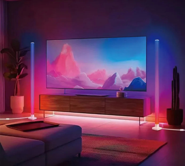 Corner floor colour-changing LED lamp with remote control in a modern simple style, 120cm length
