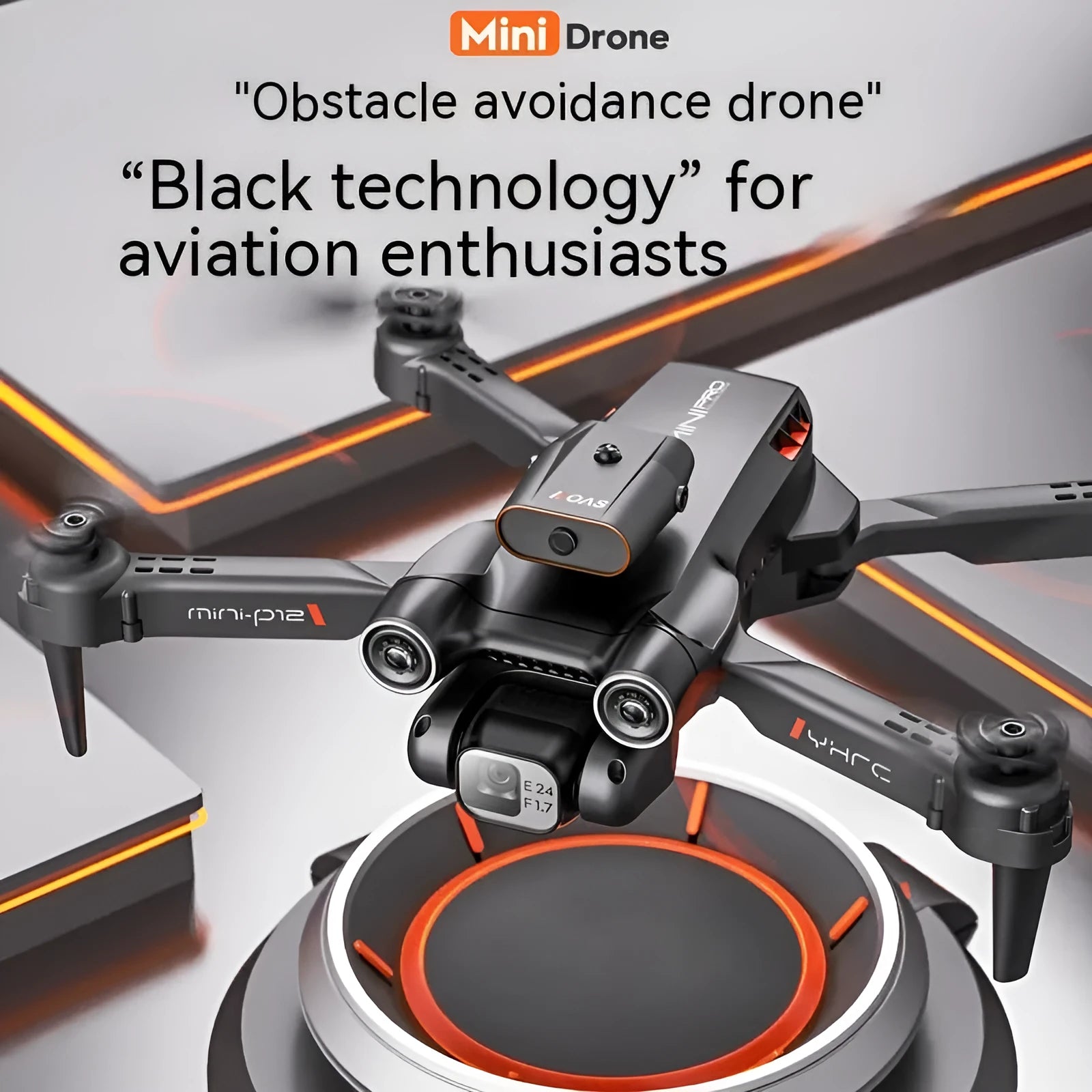 Black and orange remote-controlled quadcopter drone with camera shown folded and unfolded.