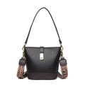 Korean fashion bucket bag in black PU leather with double shoulder straps and organised interior compartments