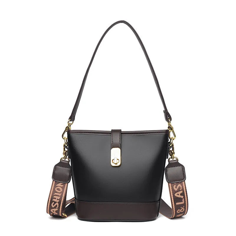 Korean fashion bucket bag in black PU leather with double shoulder straps and organised interior compartments