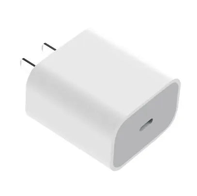 White PD20w 20W USB Type-C charger with 1 metre Lightning cable on white background