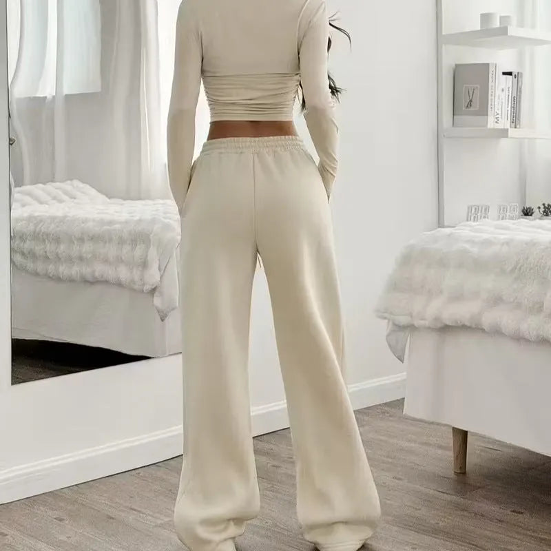 Women's long sleeve solid colour vest pants suit beige white knitted retro two-piece set