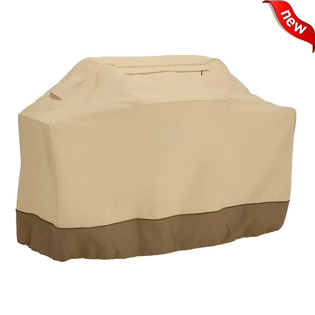 Beige polyester outdoor barbecue dust cover shown folded, with size options listed.