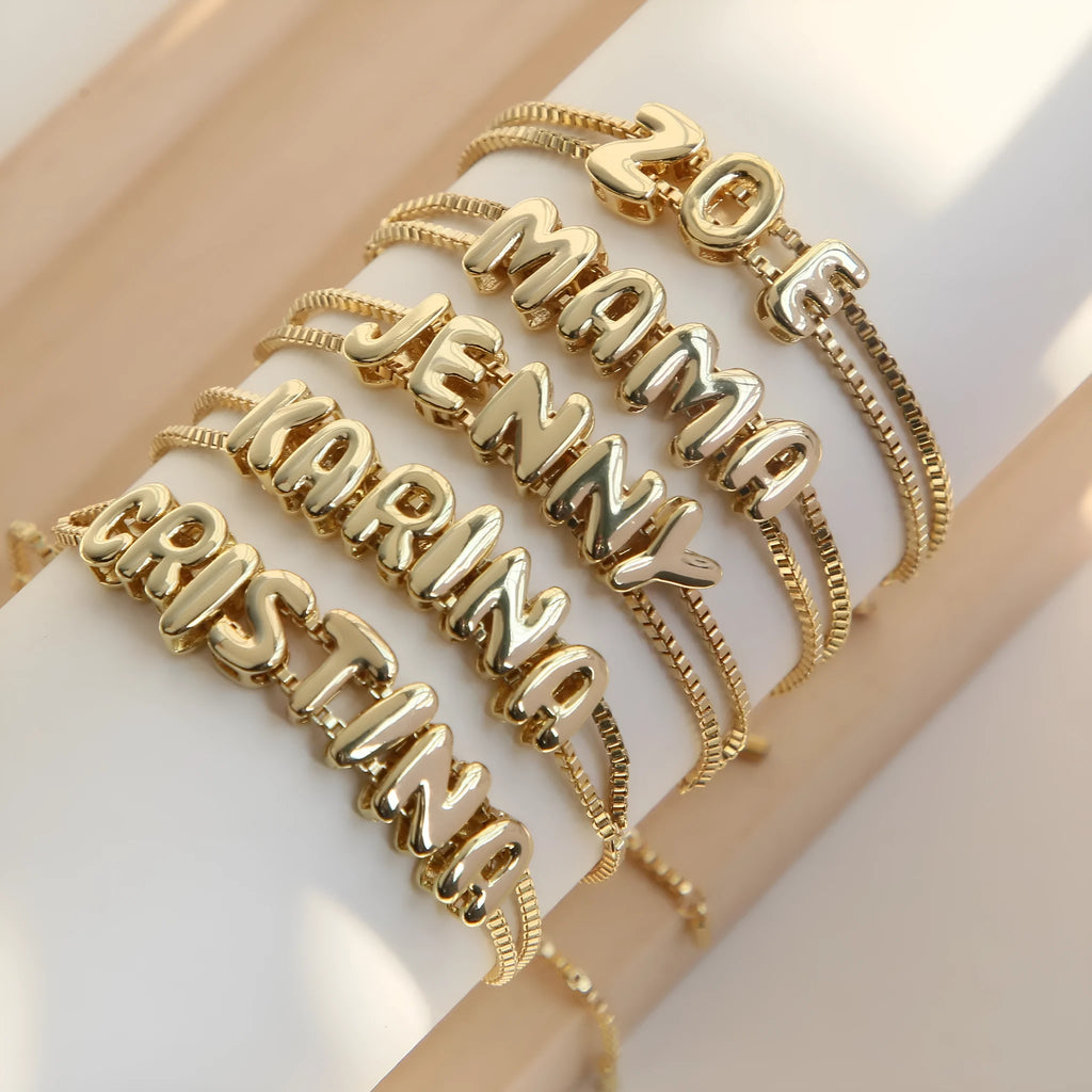18k electroplated gold DIY letter name bracelet with smooth bubble surface on copper alloy