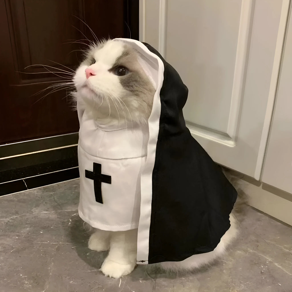 Black and white nun costume for small to medium dogs and cats with pullover design