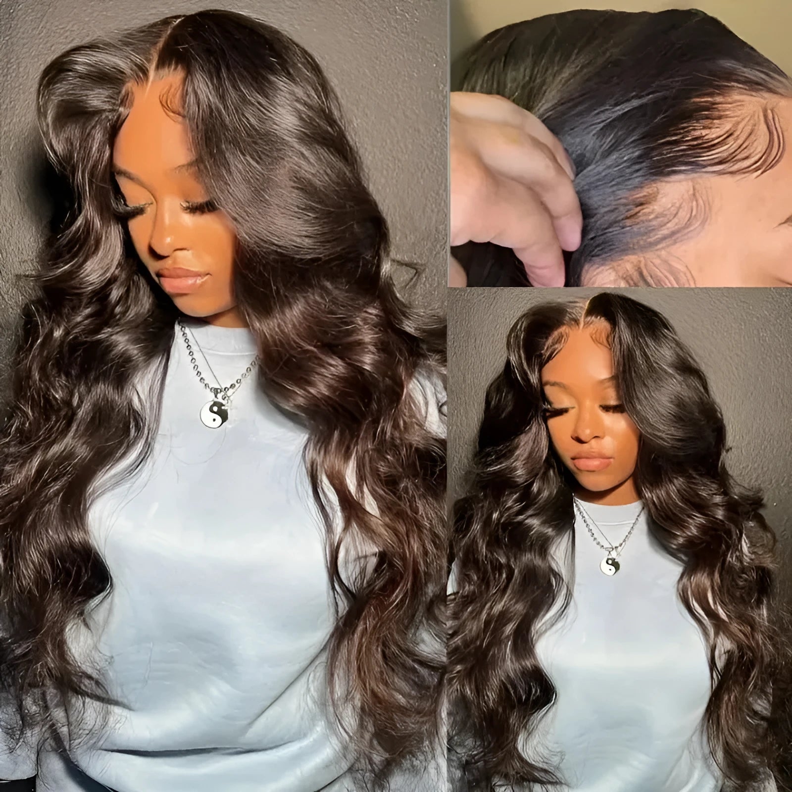 Women's dark brown front lace wig with long curly hair and side bangs style