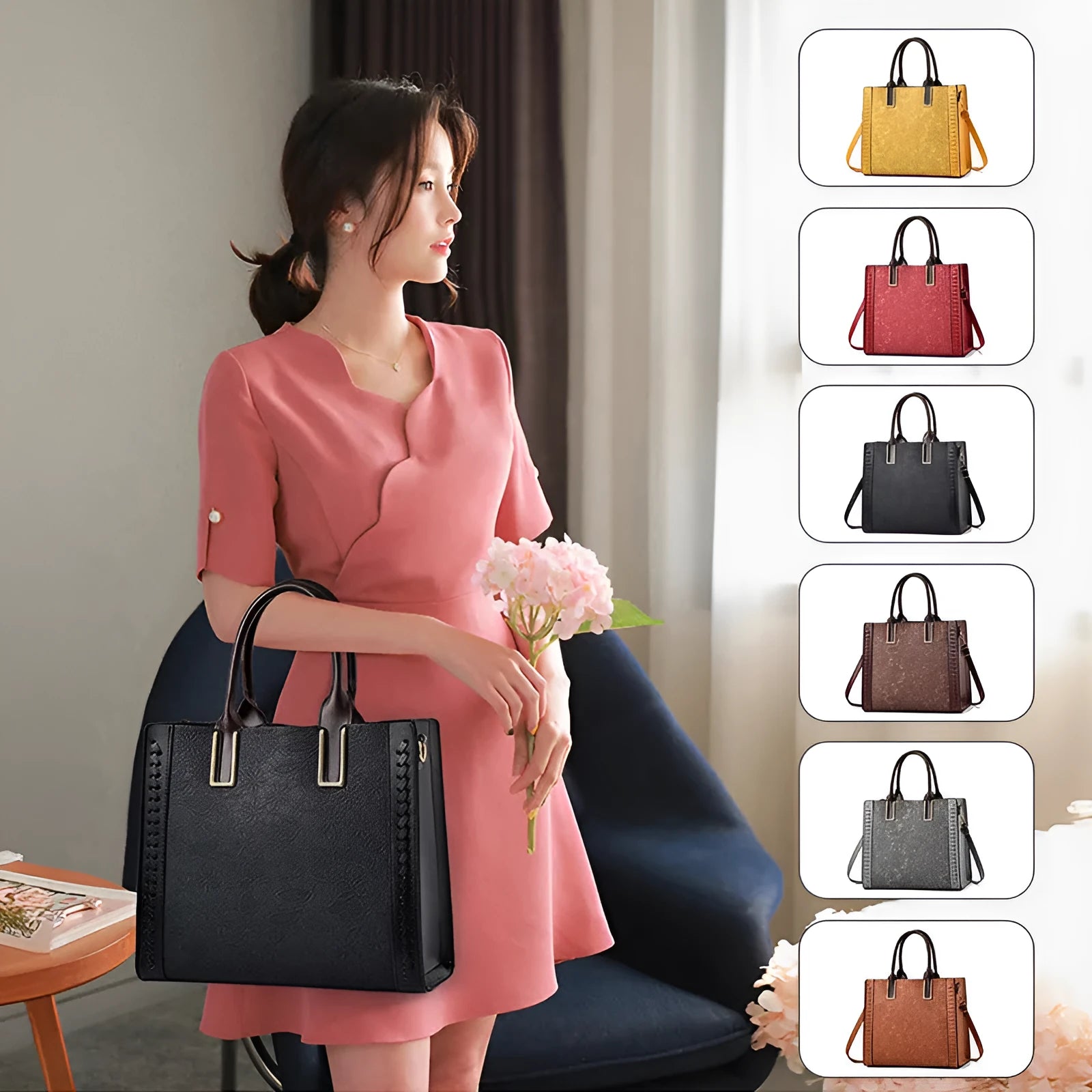 Ladies PU leather crossbody satchel bag with adjustable strap in black, horizontal square shape, soft finish