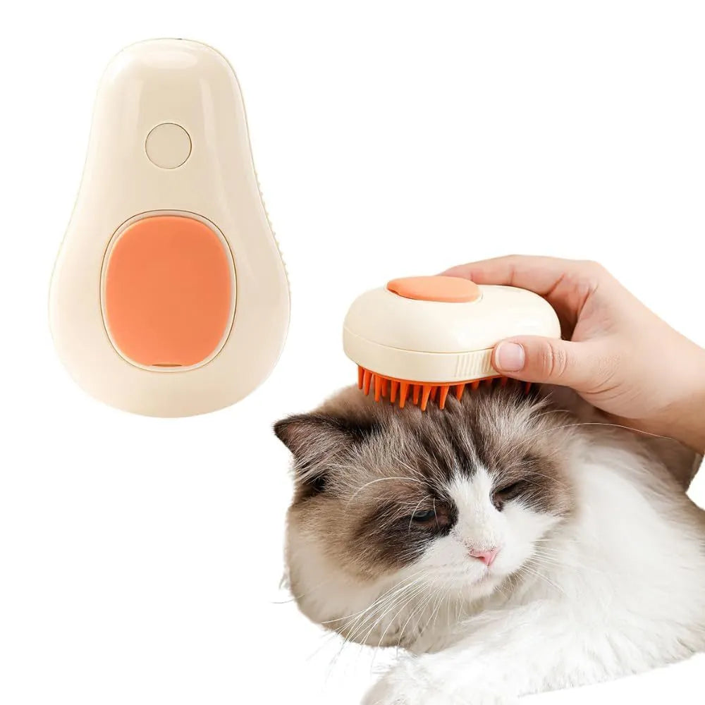 Green and white 3 in 1 cat steam brush with silicone bristles and water spray function for grooming pets.