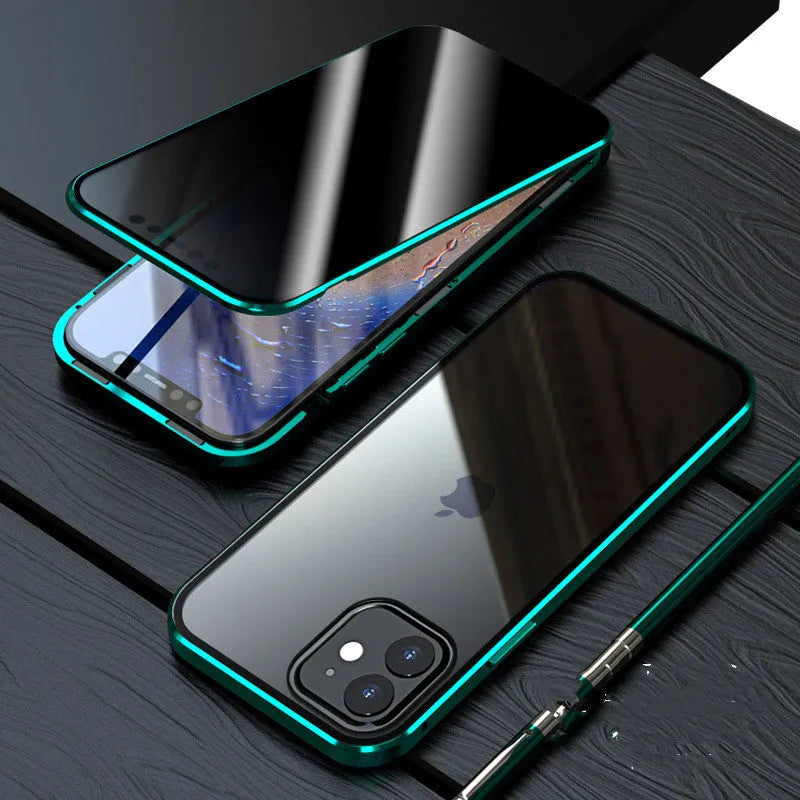 Magnetic privacy glass iPhone case in black showing anti-peeping screen protection feature