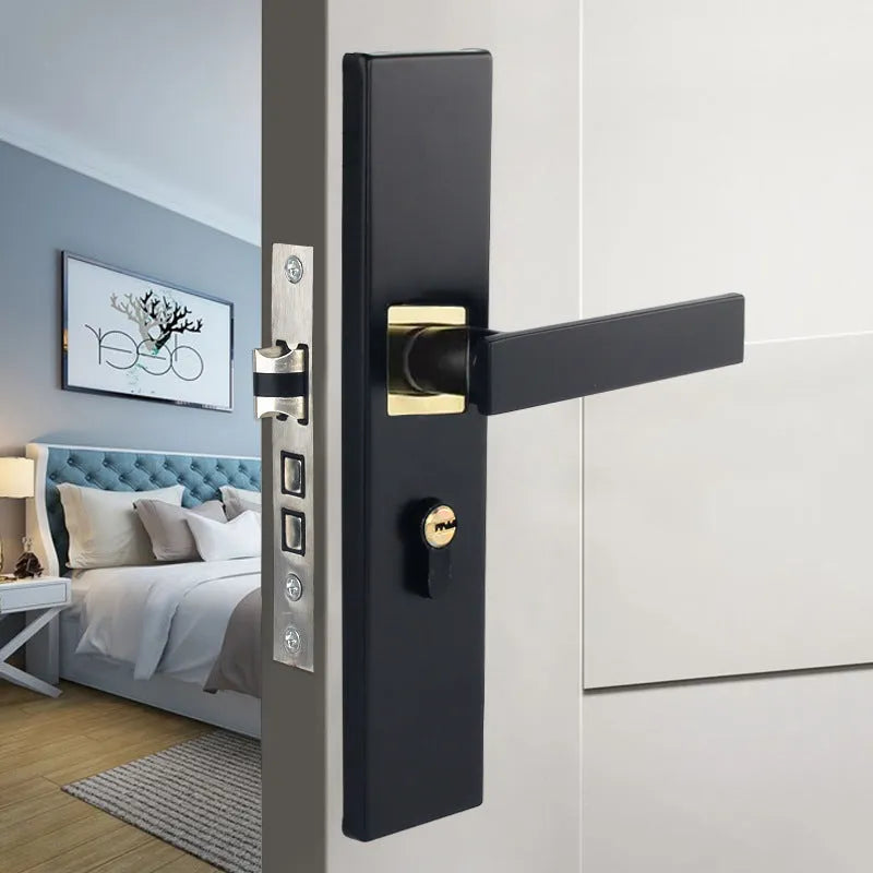 Aluminium alloy indoor split magnetic door lock handle for timber doors in black finish.