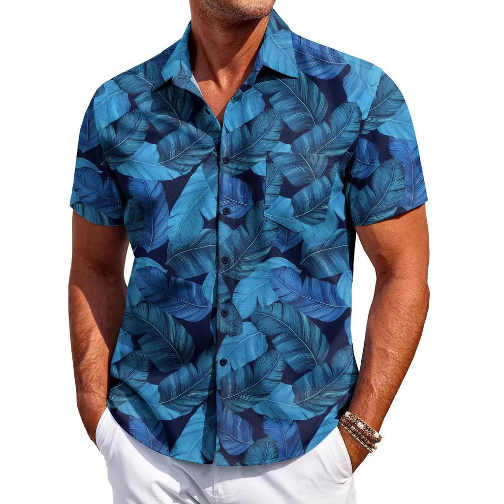 Men's slim fit short sleeve Hawaiian shirt in cardigan style, shown in a solid colour.