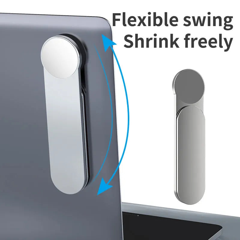 Silver aluminium alloy dual screen extension bracket holding mobile phone beside laptop