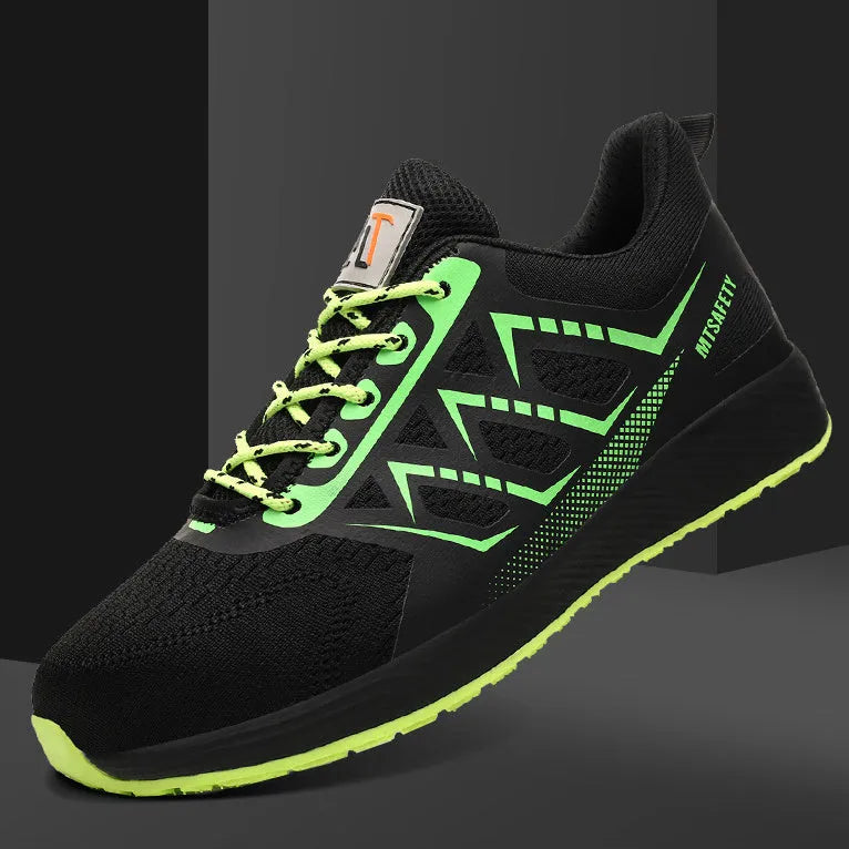 Black ultra-light labour protection shoes with steel toe caps and lace-up front closure