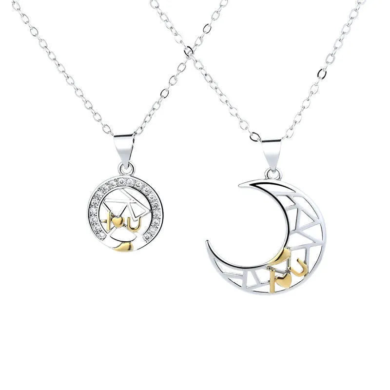 Sun moon tooth couple necklace with copper pendant on a cross chain, showing male and female colour variants.