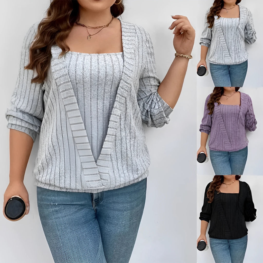 Women's solid colour rib fabric false two-piece suit with V-neck and long sleeves.
