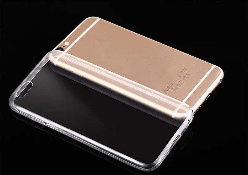 Transparent TPU soft shell mobile phone case for iPhone models on a white background.