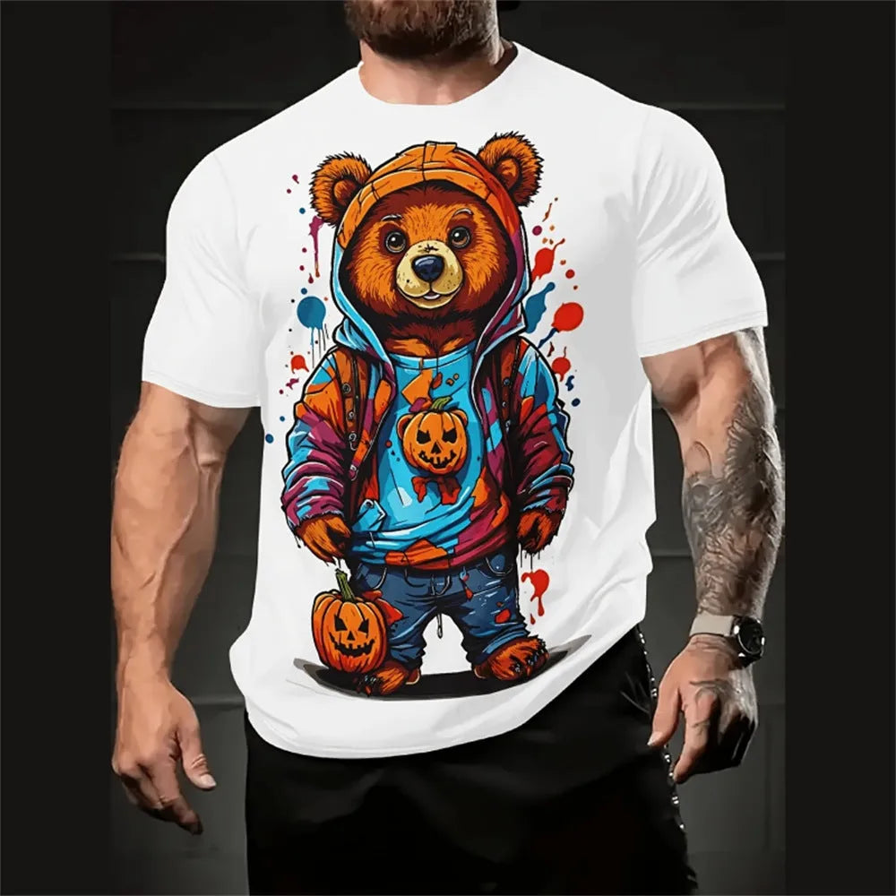 Man wearing a loose-fit short sleeve t-shirt with a colourful 3D printed cartoon design.