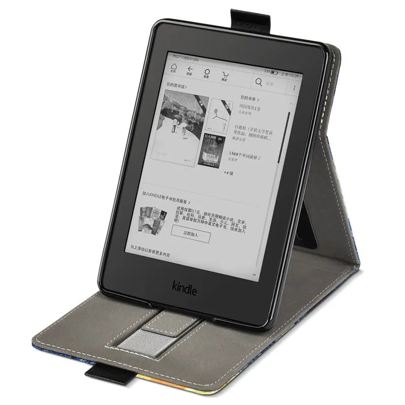 TPU protective case for Kindle with embossed bracket stand design in a selection of colours and patterns.