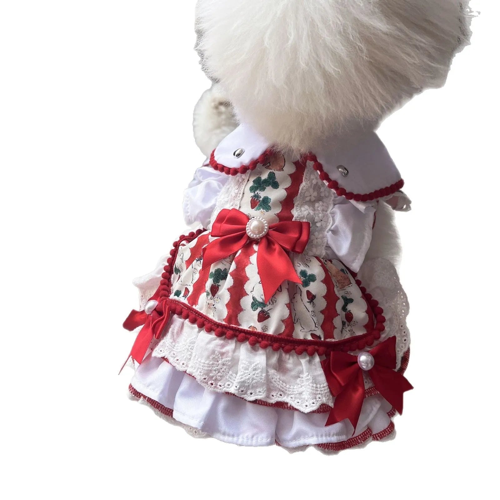 Princess style rabbit skirt dog clothing in polyester fabric showing size options from XS to XL