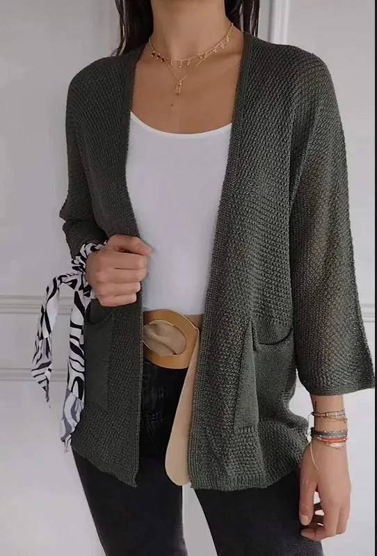 Women's waffle-textured cardigan coat with nine-quarter sleeves in army green colour
