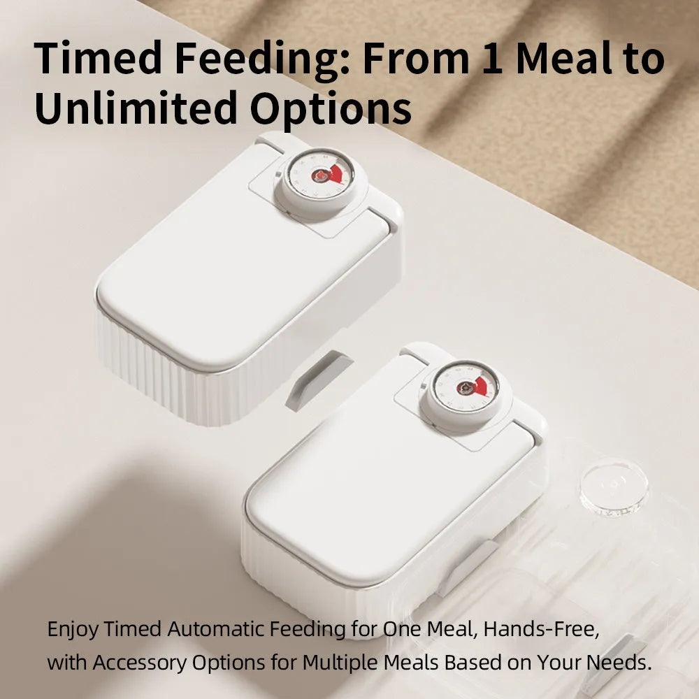White timed pet feeder with visual alarm display and separate ice crystal box for freshness.