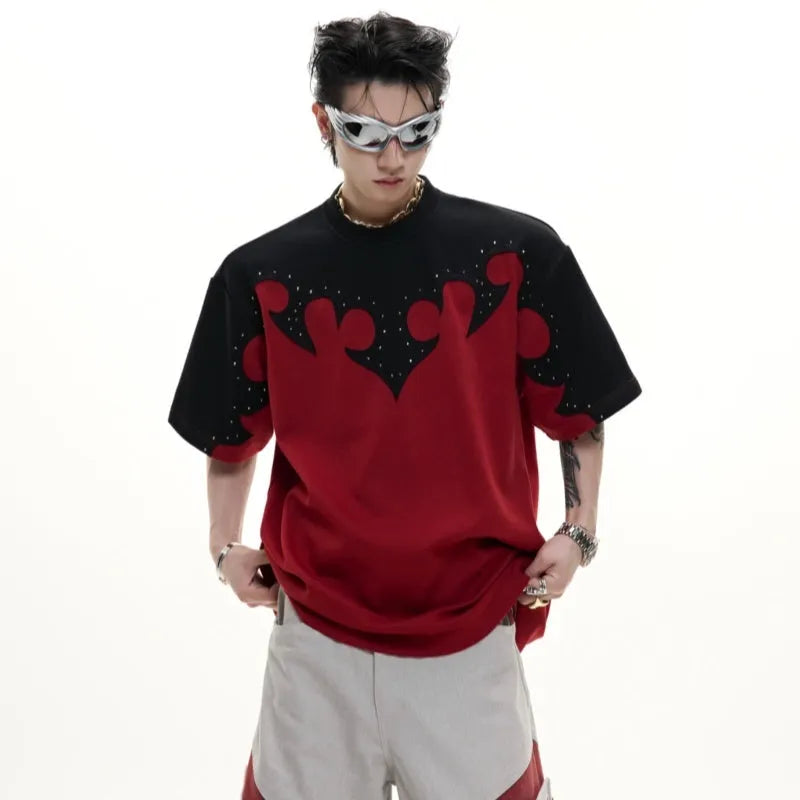 Men's loose fit grey cotton t-shirt with a 3D burnt flower rhinestone design on the front.