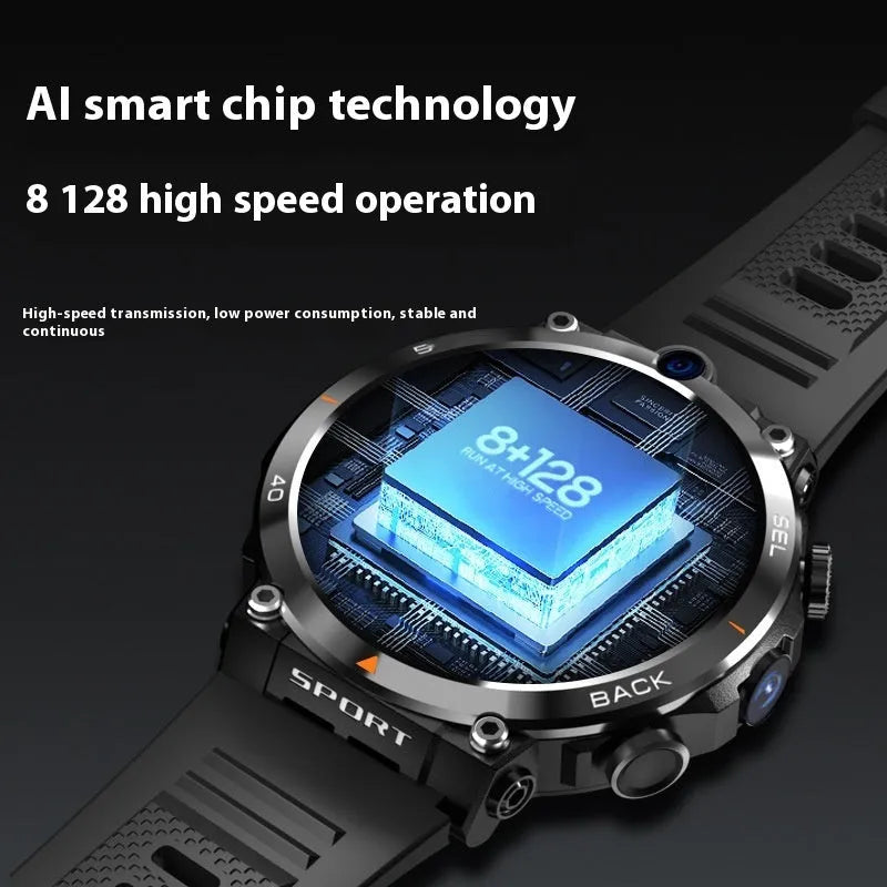 Sports smartwatch with dual cameras showing TFT touchscreen displaying heart rate monitoring and NFC functionality