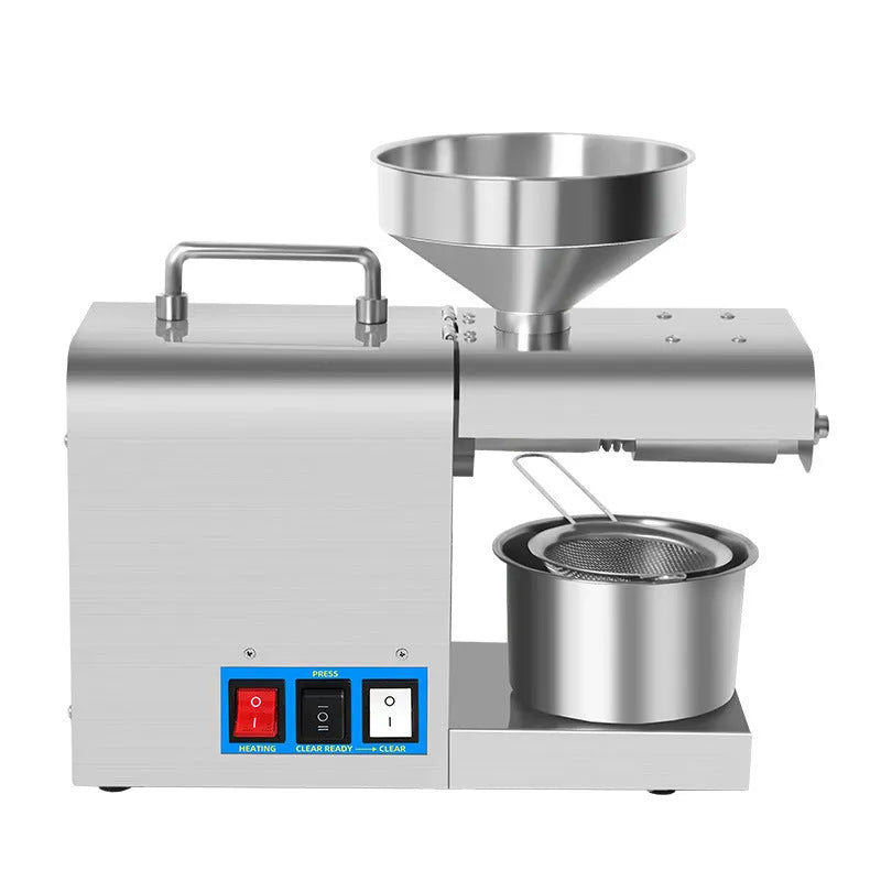 Xiangwei household oil press with digital display measuring 36cm long on kitchen counter