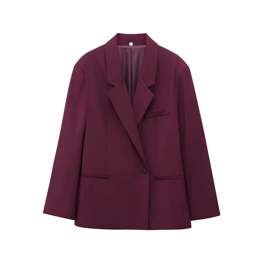 Women's double breasted loose fit casual suit coat in solid polyester, brick red colour, regular sleeves