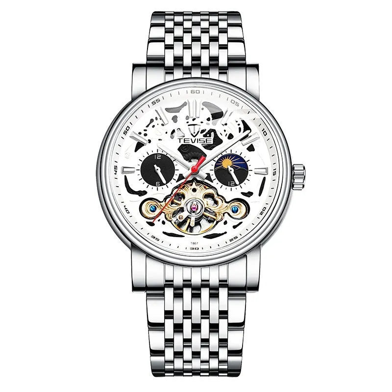 Men's tourbillon mechanical watch with luminous hands on a black leather strap