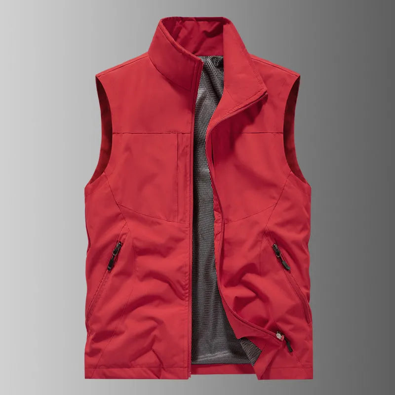Men's casual stand collar printed vest in army green polyester loose fit