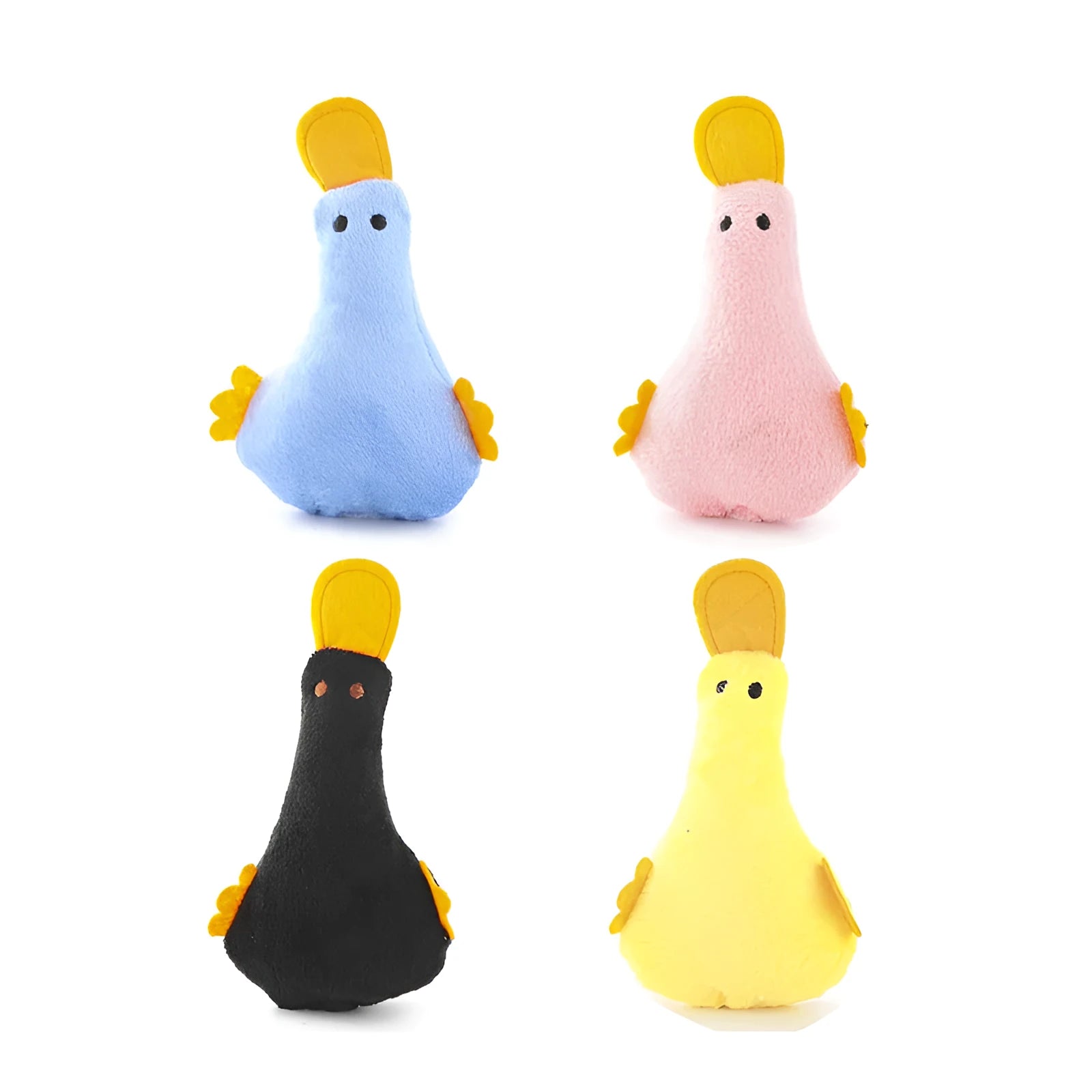Colourful plush duck pet toy with catnip, a squeaker, and crinkly rattle paper for cats and dogs.
