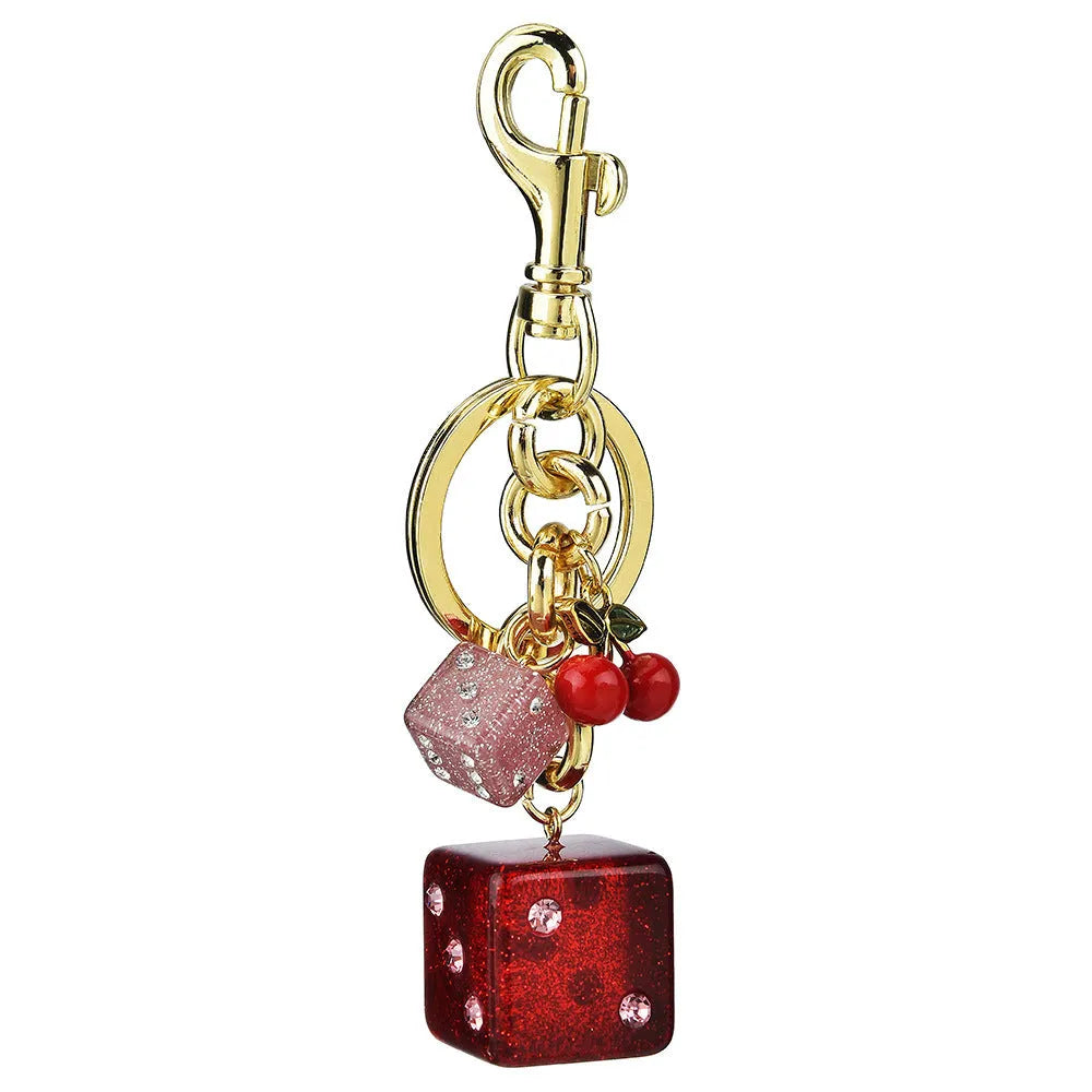 Metal hanging dice keychain pendant in cherry two-tone colour, square shape, vintage style