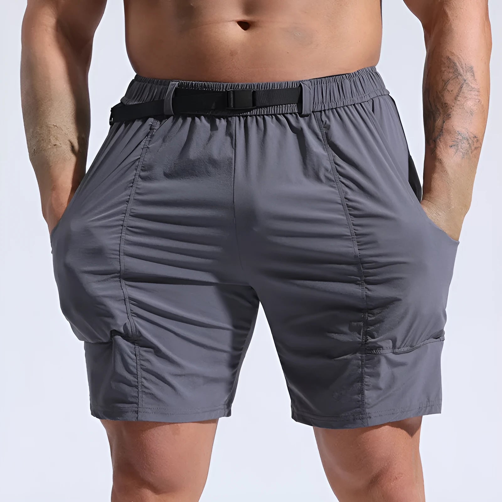 Men's athletic shorts with pockets and elastic waistband in grey, available in sizes M to XXXL