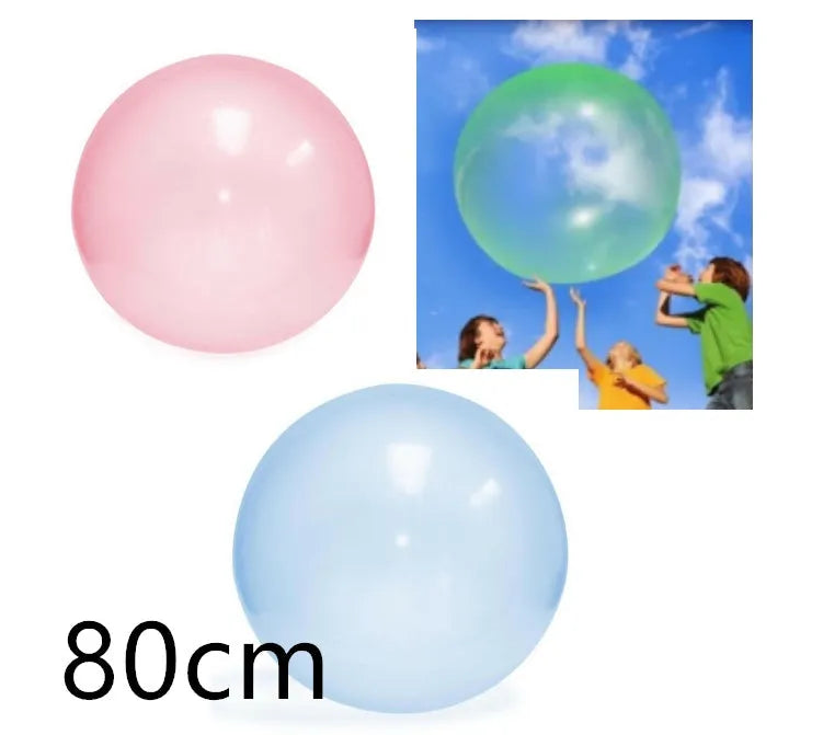 TPR inflatable ball toy in pink, yellow, green, and blue colours showing 40cm to 120cm size range