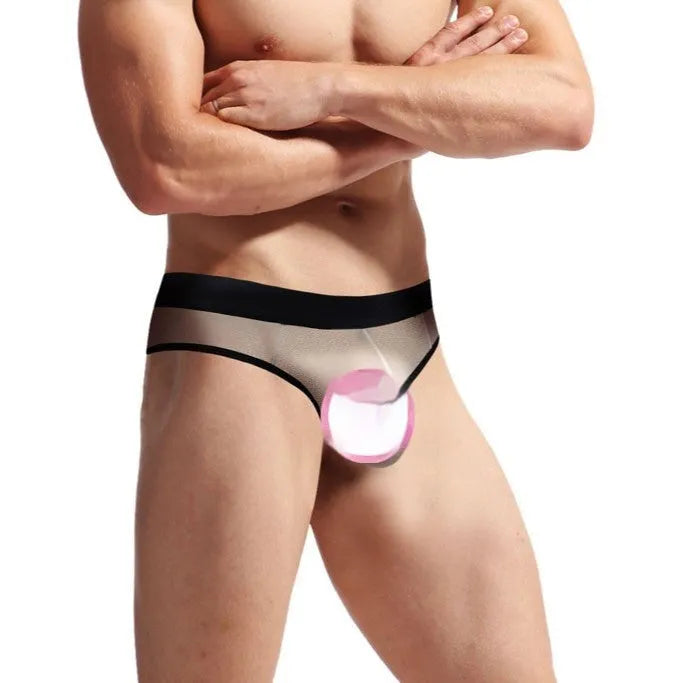 Men's mesh back rubber band triangle shorts in black nylon, front view showing elastic waist and triangle cut