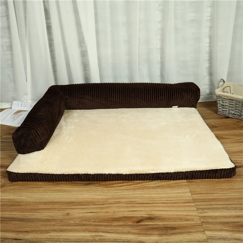 Corduroy dog bed with bolster sides in coffee colour on hardwood floor